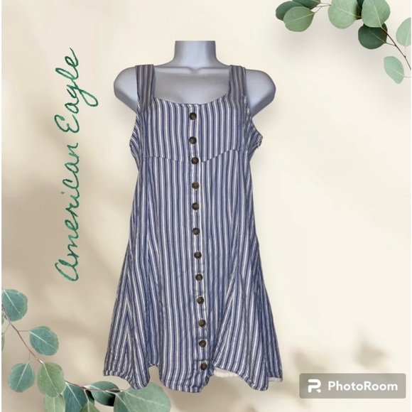 AMERICAN EAGLE Ladies Sundress SZ:XS Blue & Wht stripes w buttons & side zipper - Picture 1 of 15
